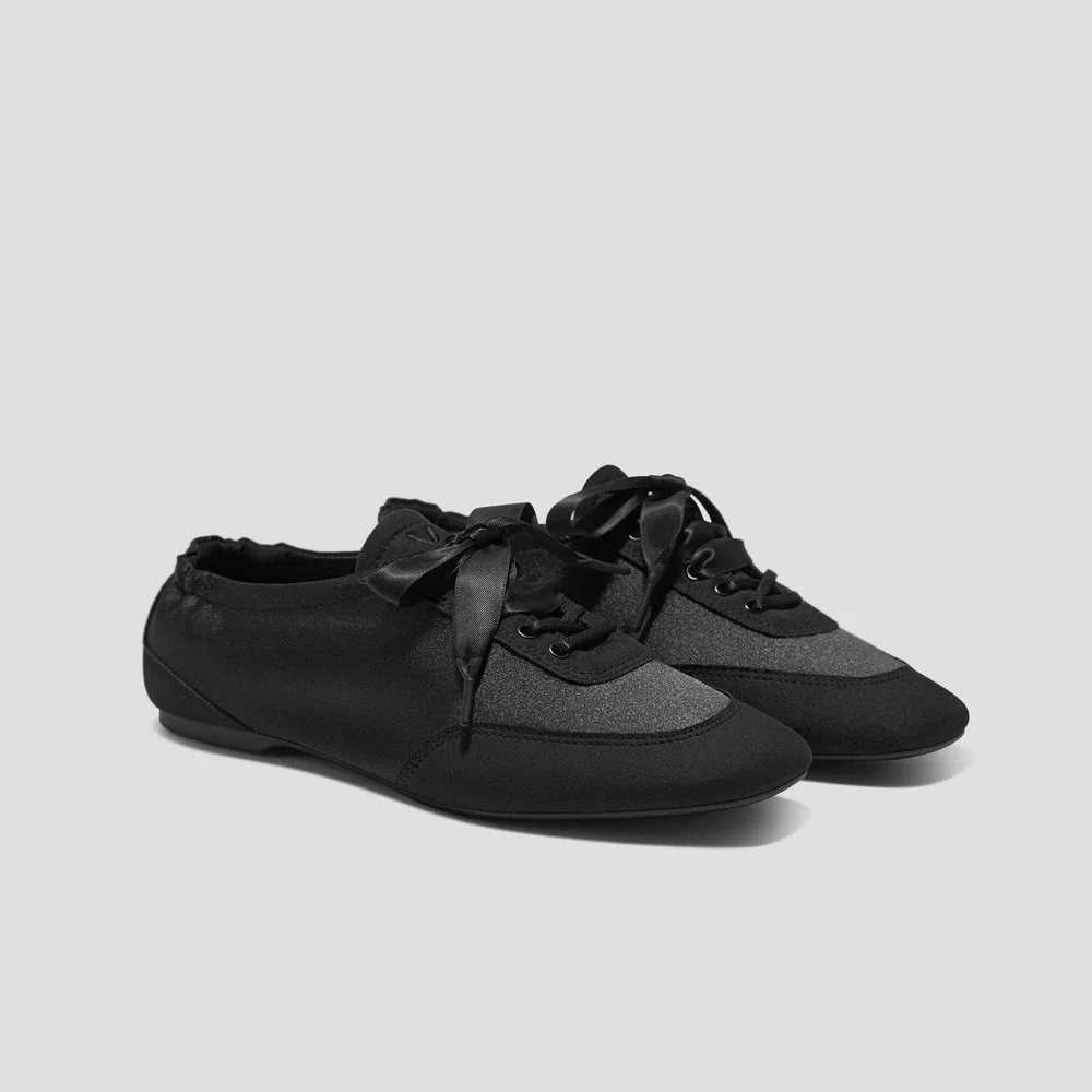 VIVAIA Black Cristina Satin Square Toe Lace-Up Barefoot Ballet‎ Flats US/7-7.5